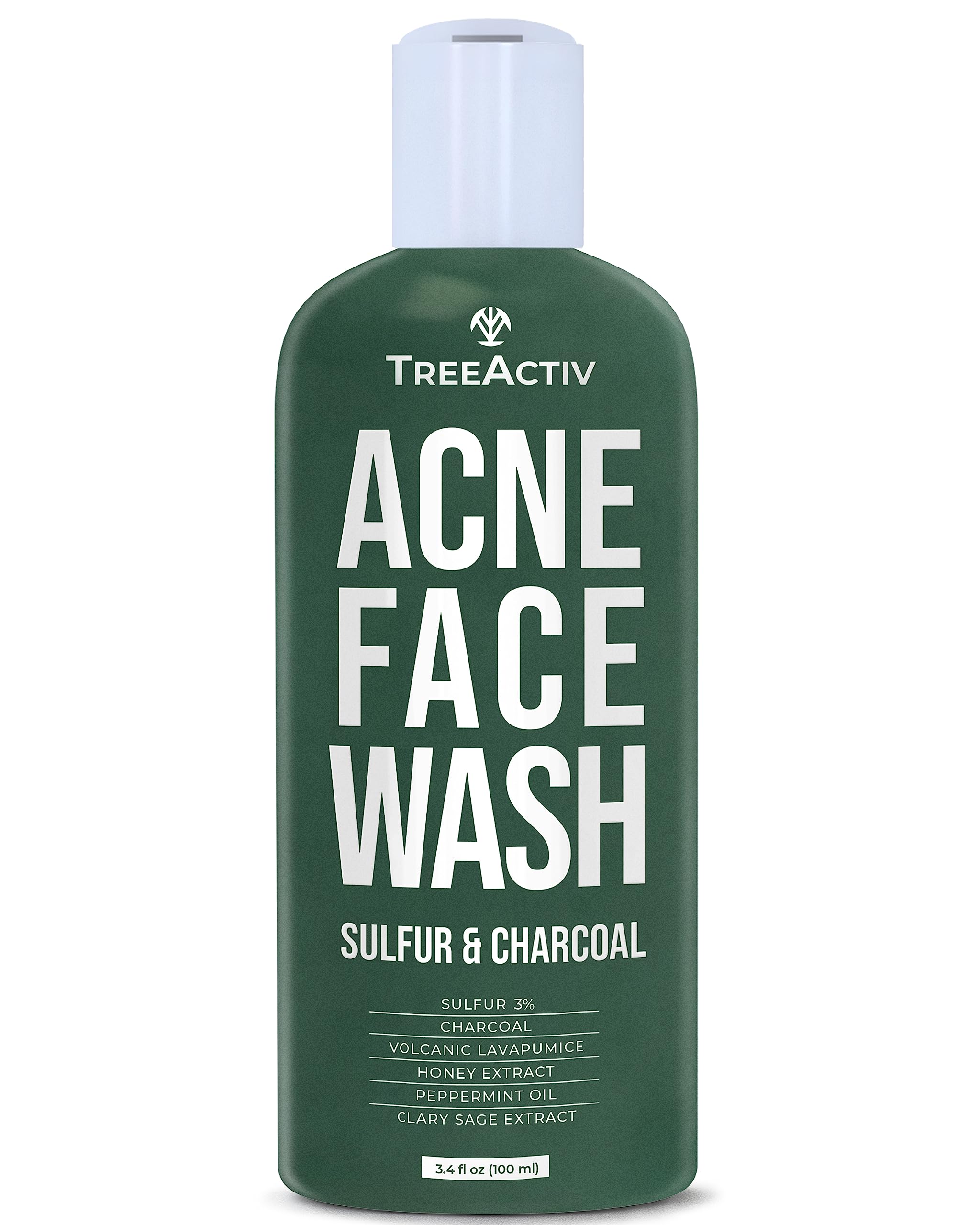 TreeActiv Acne Charcoal Face Wash 3.4 oz Exfoliating Daily Honey & Sulfur Face Wash - Sulfur Acne Treatment Cleanser Face Soap Mens Face Wash Deep Cleansing Moisturizing Face Wash for Women and Men