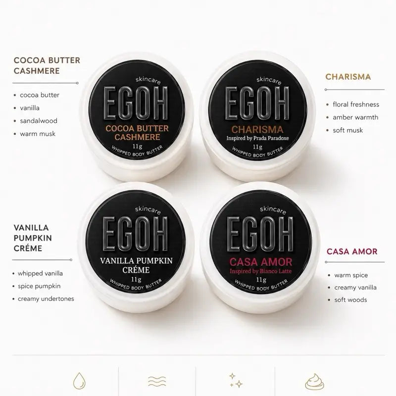 Discover Pack- Set of 4 (3Grams/.10Oz) Moisturizing Body Butters - Cocoa Butter Cashmere, Casa Amor, Charisma, and Vanilla Pumpkin Creme.