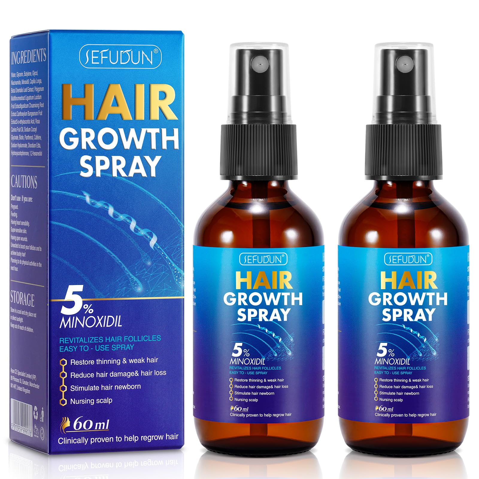 2 PACK 5% Minoxidil Hair Growth Spray for Thinning and Weak Hair Scalp Treatment to Regrow Hair Reduce Damage and Hair Loss for Men and Women 2.02 OZ