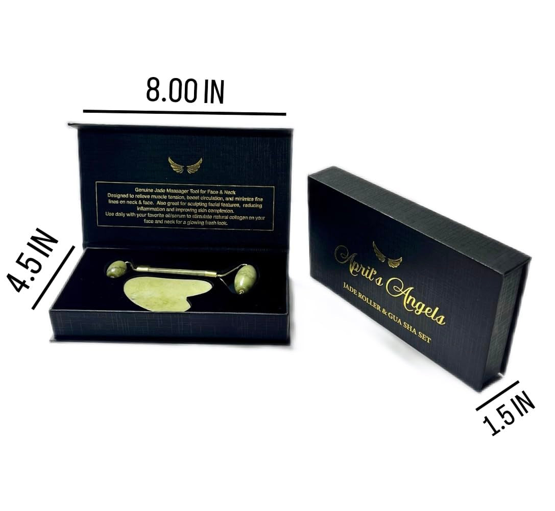 Genuine Jade Stone Roller & Gua Sha Set. Massage Set for Face, Eyes & Neck. Supports Lymphatic System + Facial Contouring + Tension Relief.